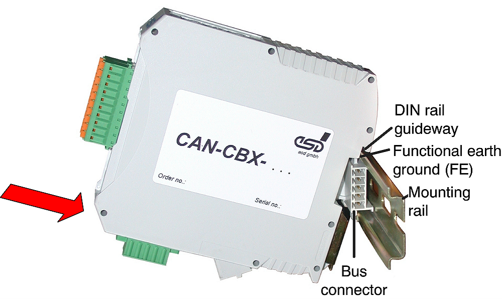 Image: Inserting a CAN-CBX module on a mounting rail with InRailBus