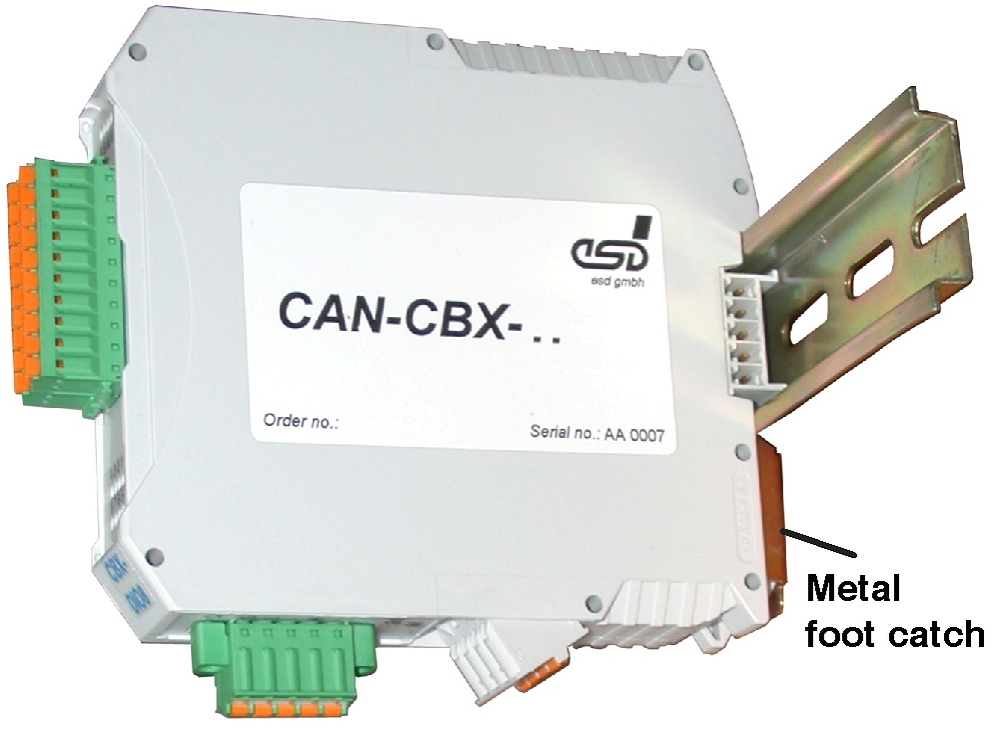 Image: CAN-CBX module mounted on a mounting rail