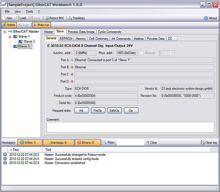 Beispiel-Screenshot von EtherCAT Workbench: Konfigurations- und Diagnose-Tool von esd für EtherCAT-Netzwerke 